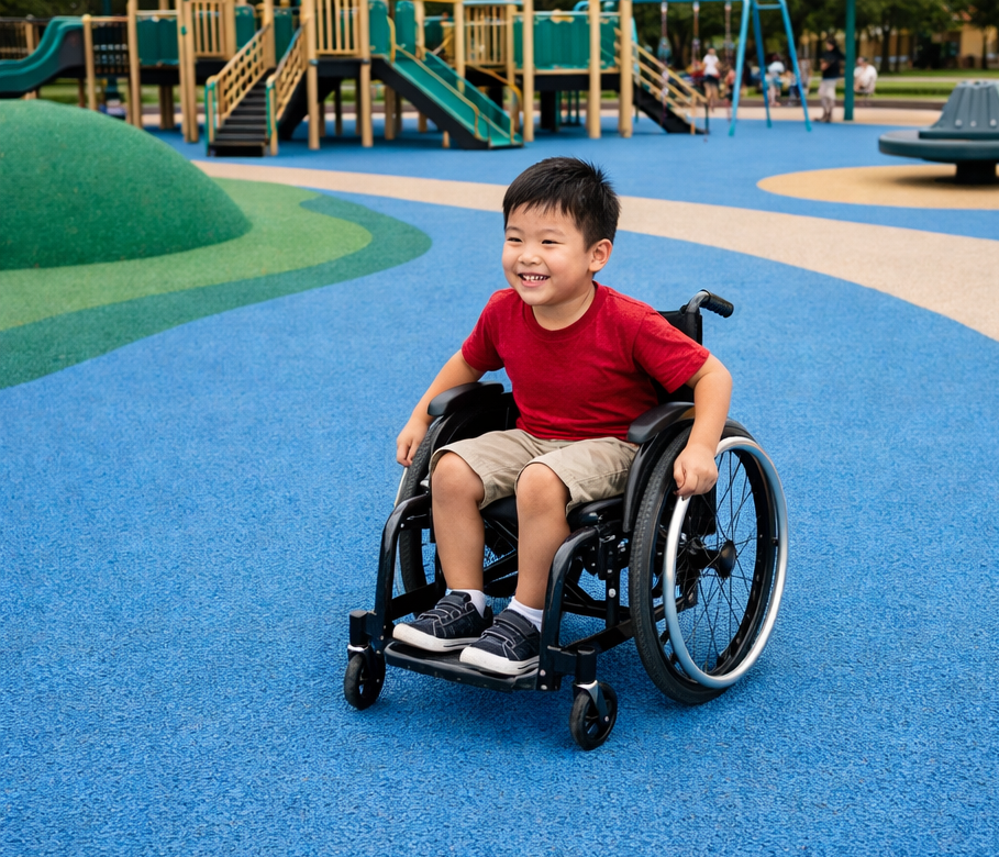 Asian Child on Blue Playground Surface-1-1